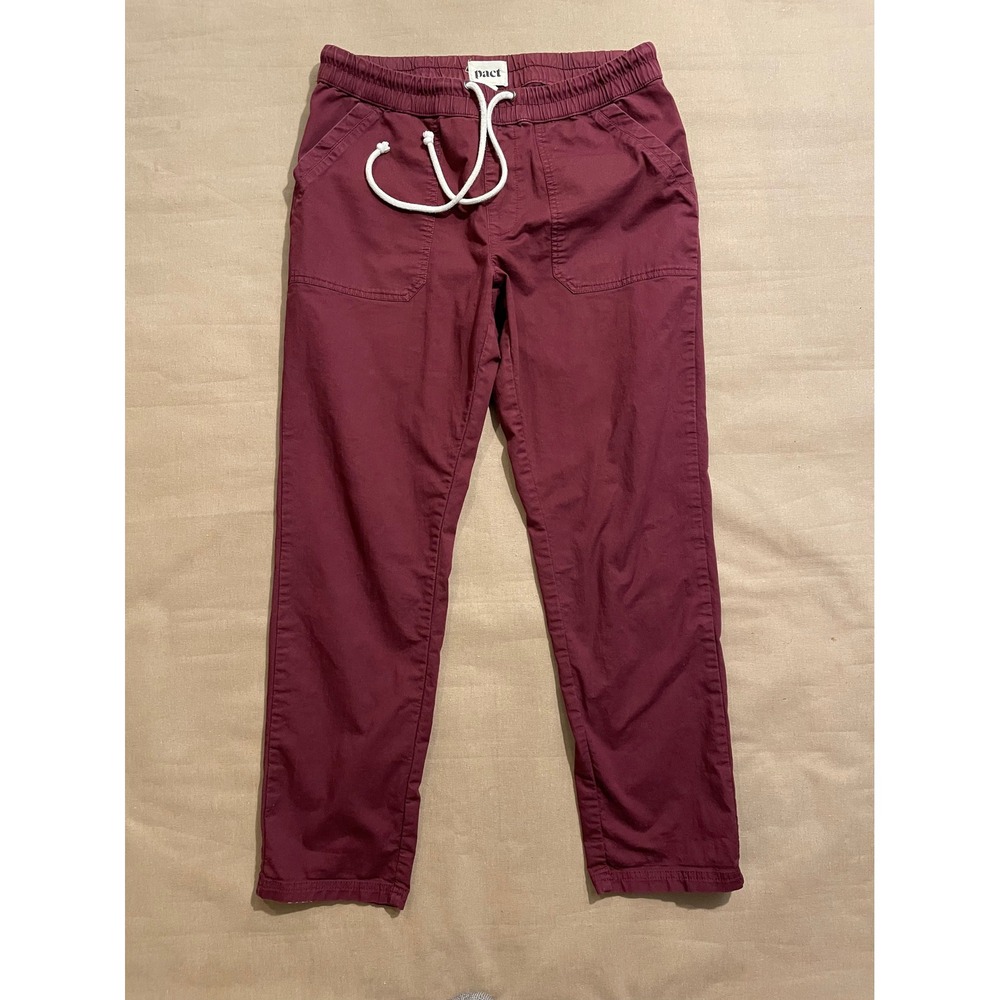 Pact Organic Roll Up Twill Pants Size L Burgundy Pull On Pockets Drawstring